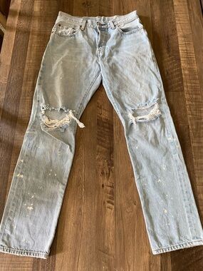 Levi’s 501 Light Blue Distressed White Oak Denim Selvage Splatter Jeans 27 x 30